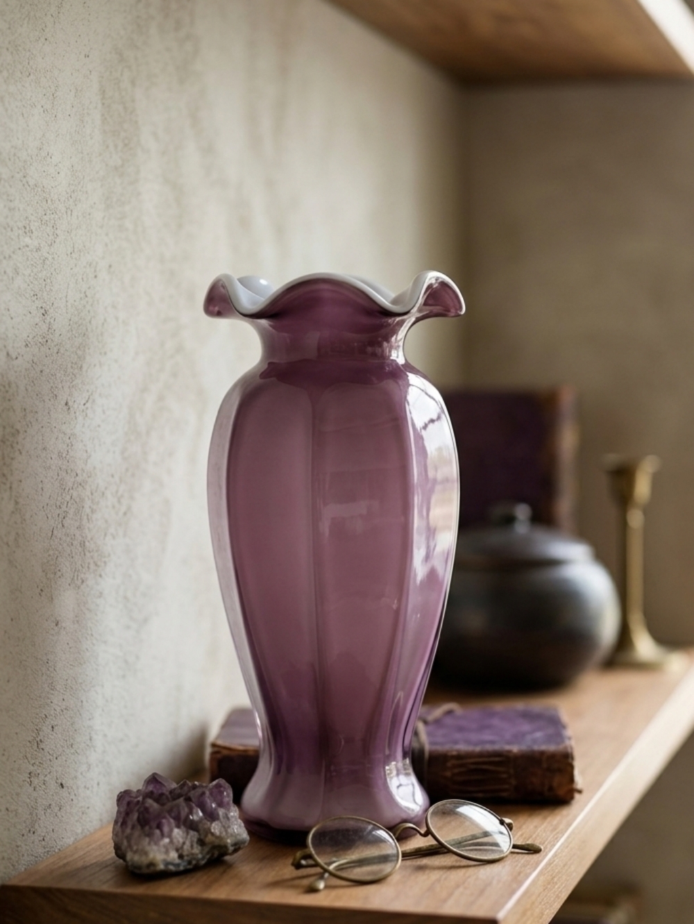 Vintage 1950s Amethyst Cased Glass Ruffled Vase Scalloped Ribbed Art Glass Retro
